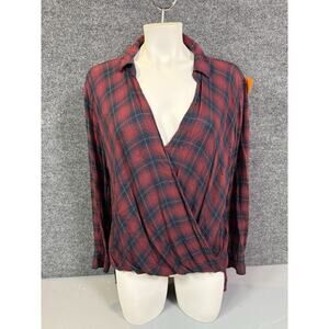 Abercrombie & Fitch Shirt Medium Twist Front Hi Low Hem Red Plaid Long Sleeve